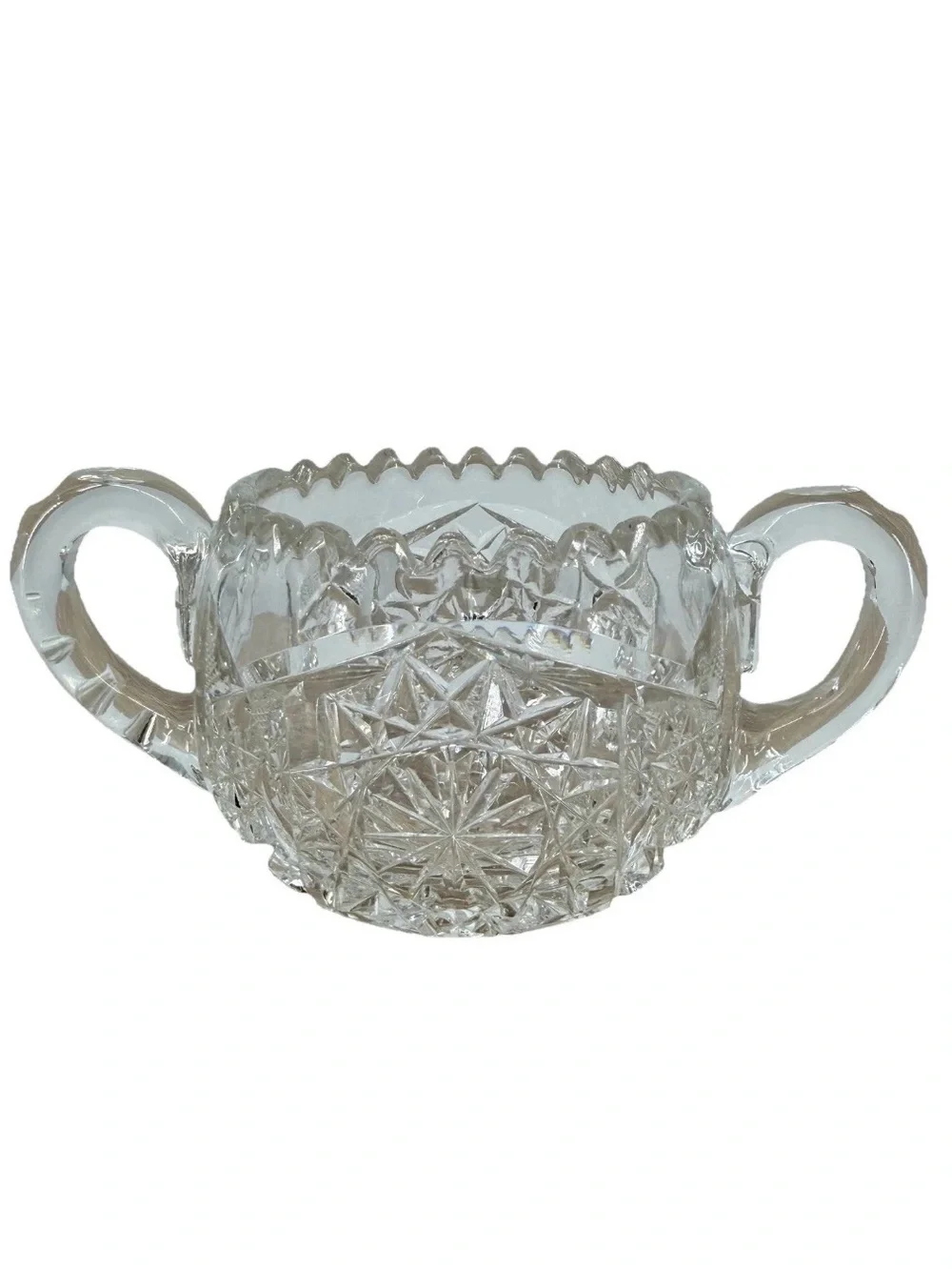 Antique American Brilliant Period Cut Glass Sugar Bowl Hobstar Sawtooth Crystal